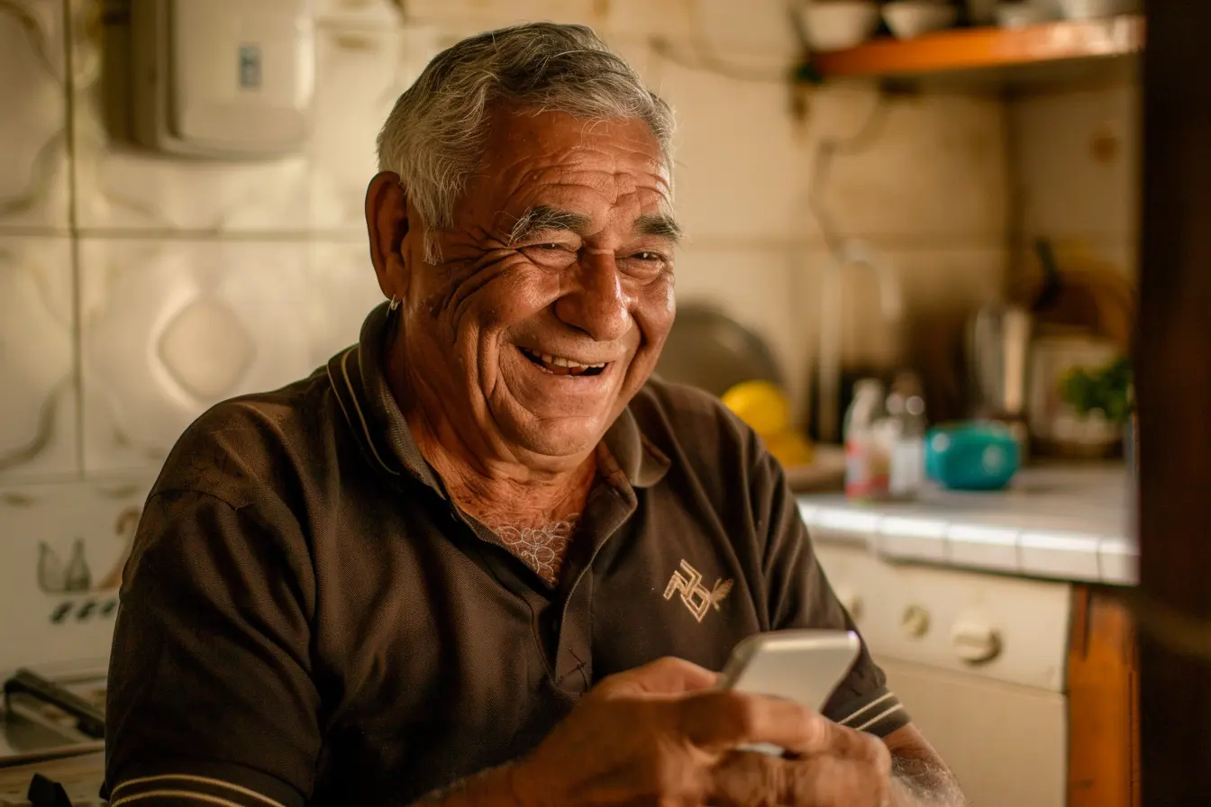 Maos de idosa no celular