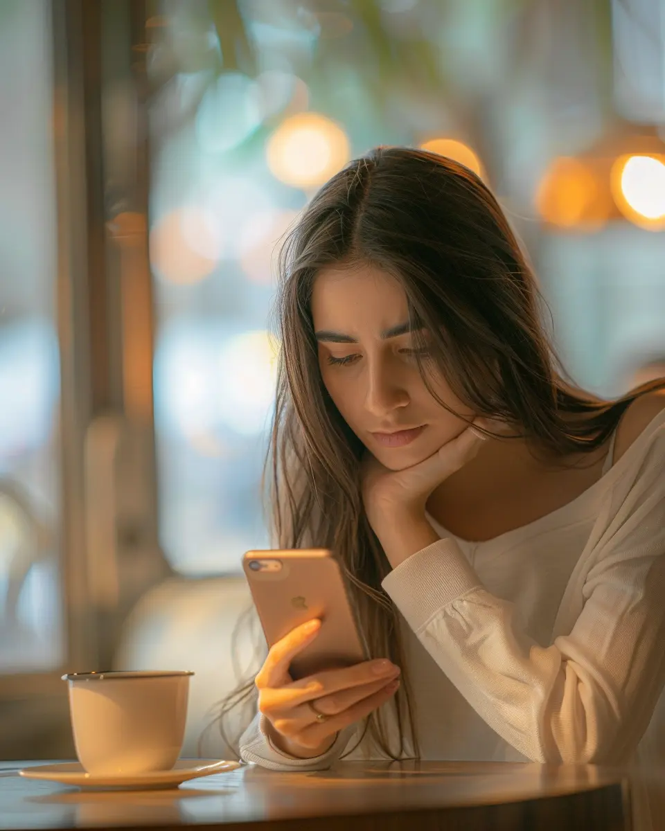 Filha preocupada olhando celular